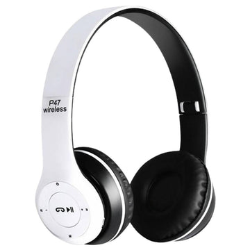 White and black wireless headphones with 'P47 wireless' branding on a white background