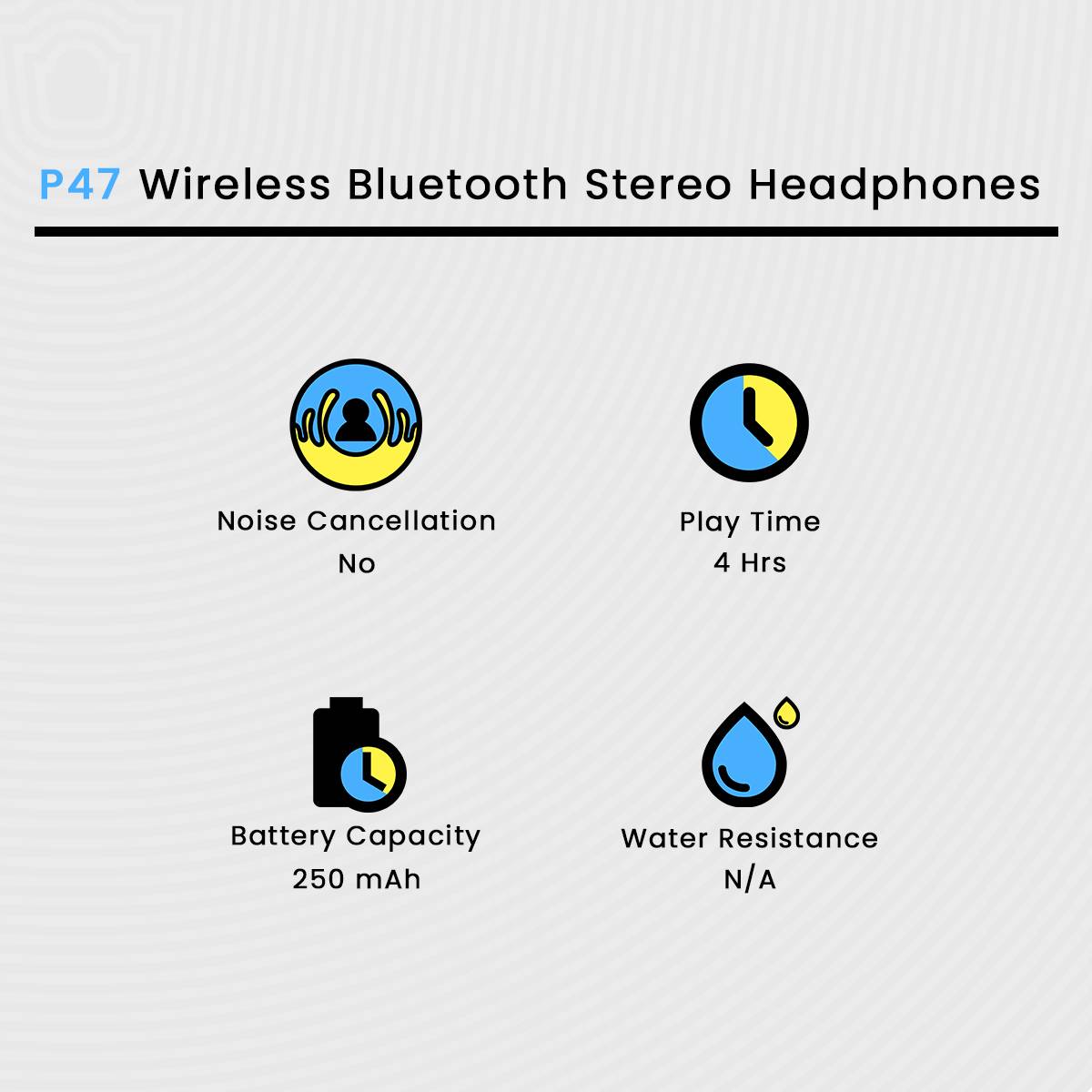 Features of P47 Wireless Bluetooth Stereo Headphones on a white background