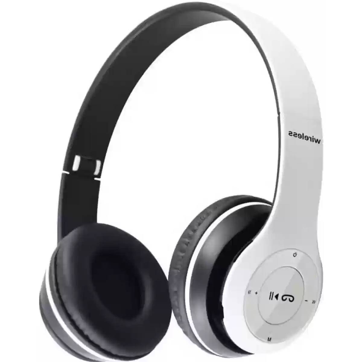 Wireless headphones with black and silver design on a white background