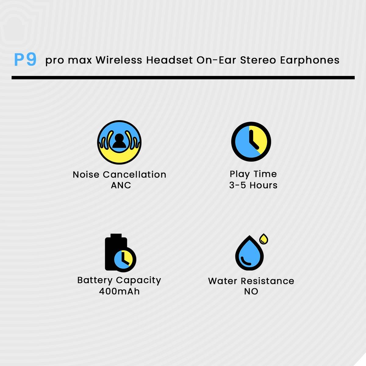 Features of P9 pro max Wireless Headset On-Ear Stereo Earphones on a white background with icons and text.