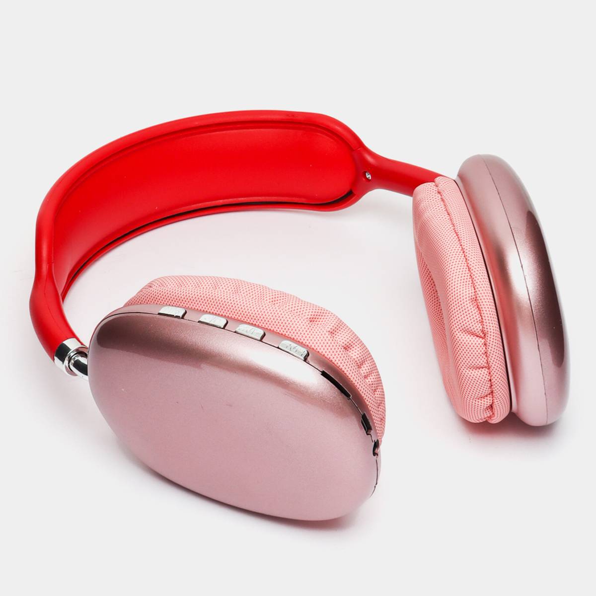 Red and pink headphones on a white background