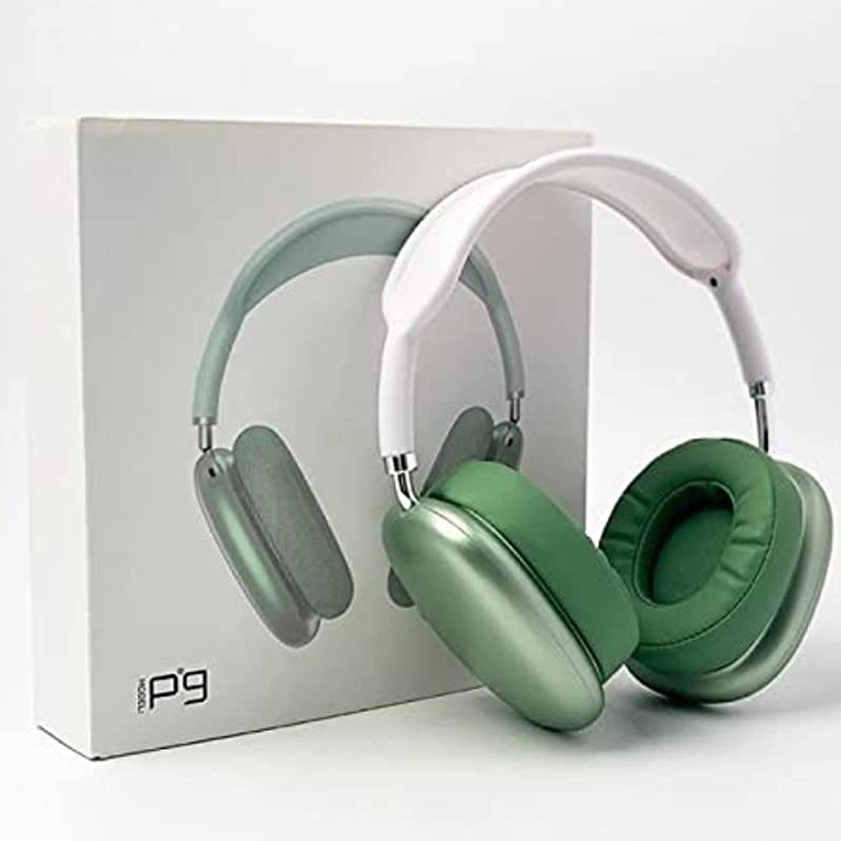Green headphones with a white headband on a white background