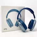 Blue headphones with a white box featuring the brand 'P9' on a white background