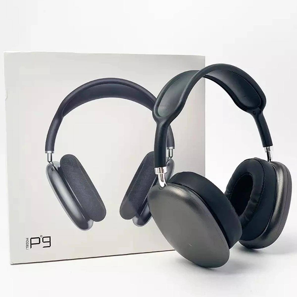 Black over-ear headphones with a white box featuring the brand name on a white background