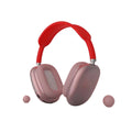 Pink headphones with red headband on a white background