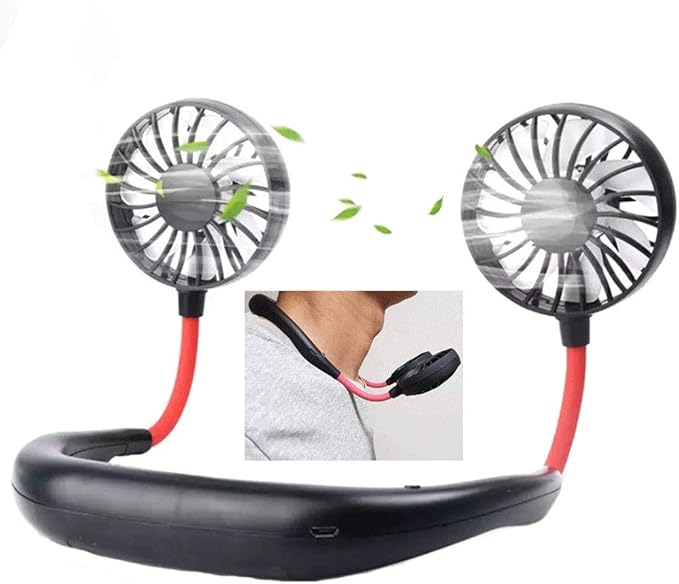 Portable neck fan with red and black straps on a white background
