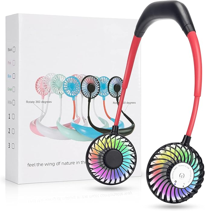 Colorful handheld fan with rainbow blade design next to its packaging box.