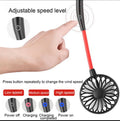 Handheld fan with adjustable speed control and power indicator on a white background