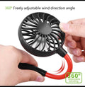 Handheld fan with red bendable hose and black handle, held by a hand on a white background.