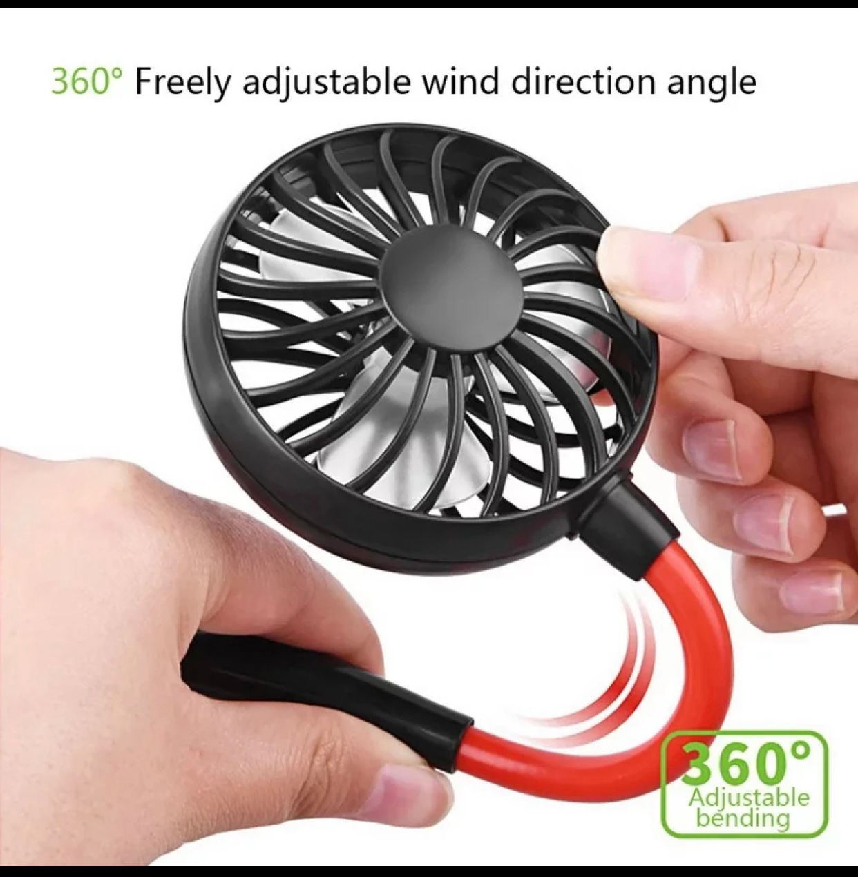 Handheld fan with red bendable hose and black handle, held by a hand on a white background.