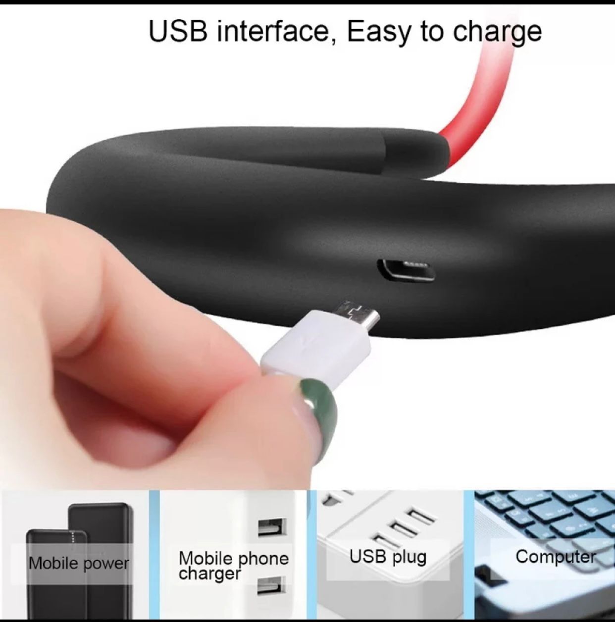 Hand plugging a USB cable into a device with text 'USB interface, Easy to charge'.