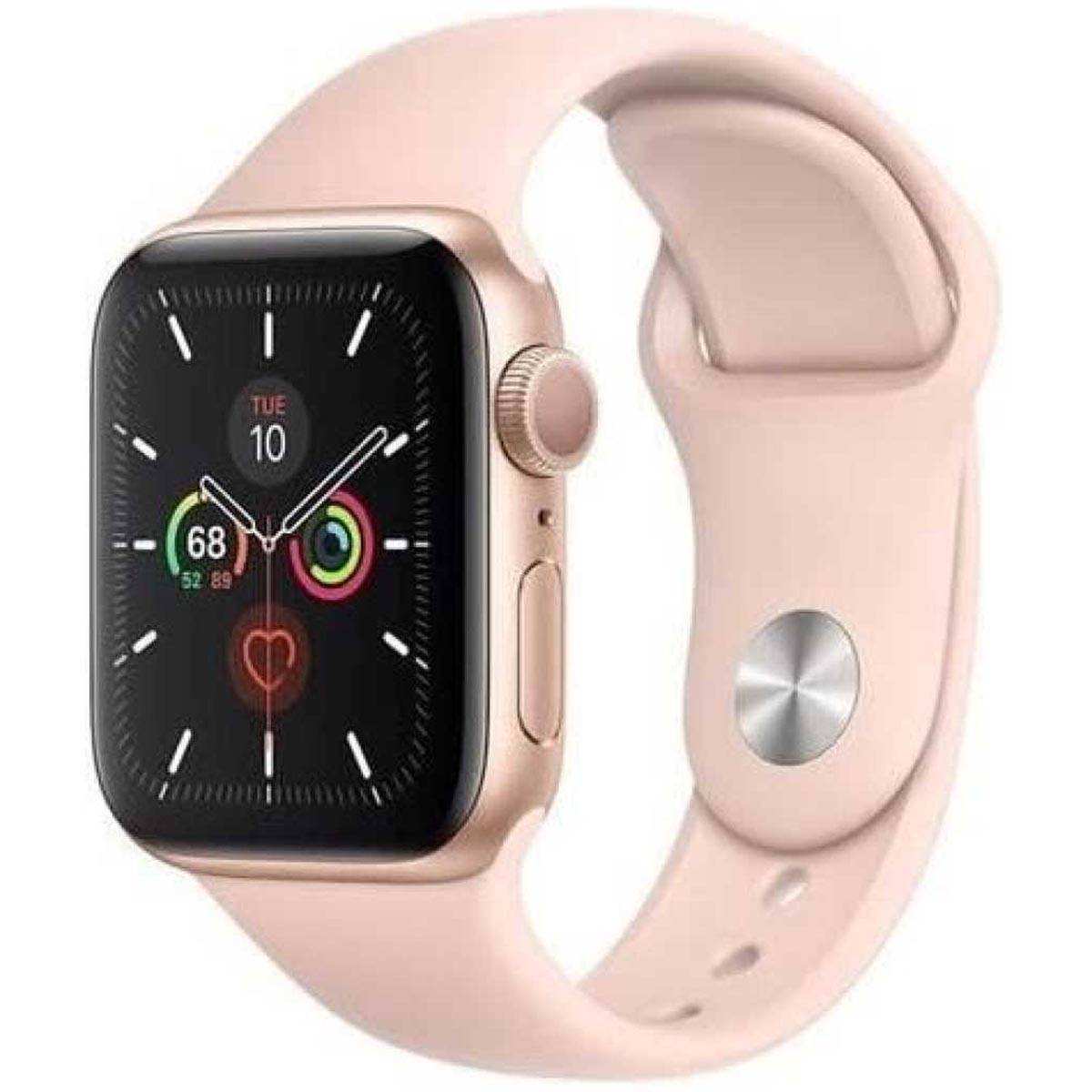Smartwatch with a rose gold band on a white background