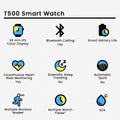 Features of T500 Smart Watch on a white background