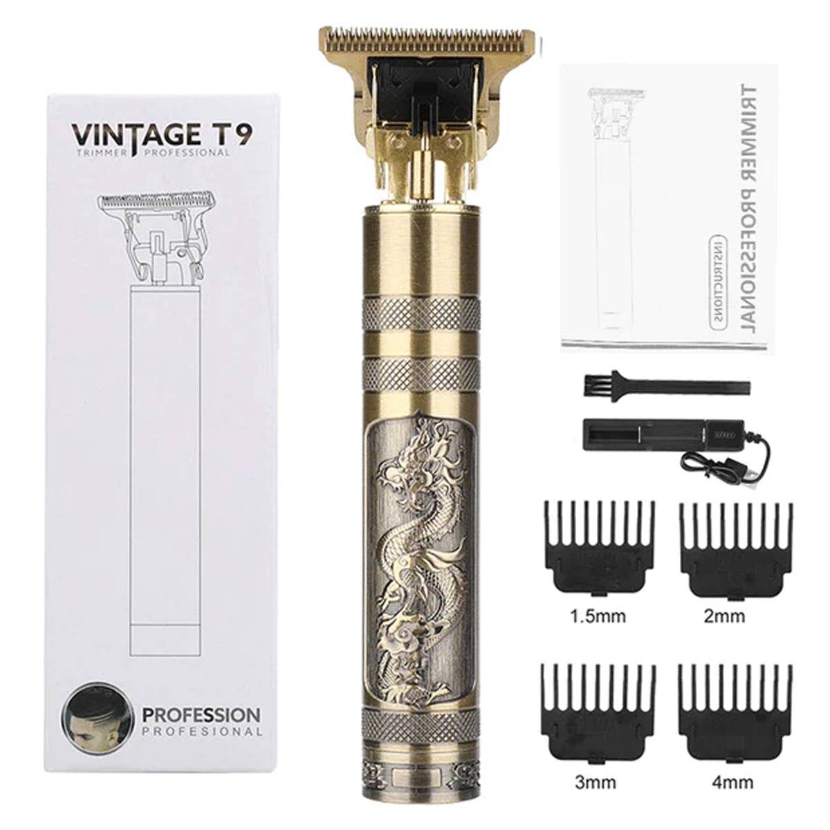 Vintage T9 professional hair trimmer with attachments and packaging on a white background