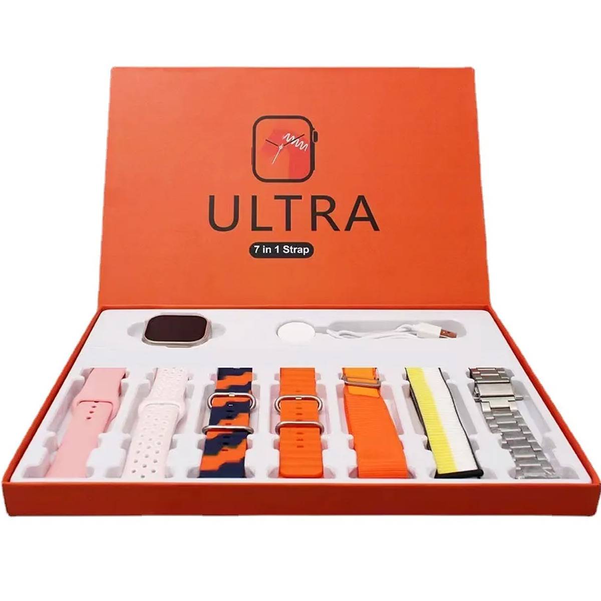 Orange box containing various watch straps and accessories with 'ULTRA' branding.