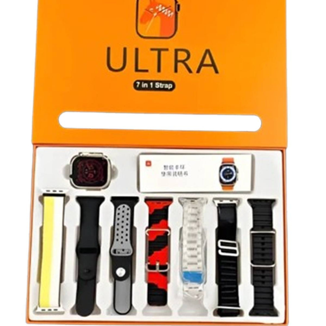Orange box containing various watch straps and accessories with 'ULTRA' branding.