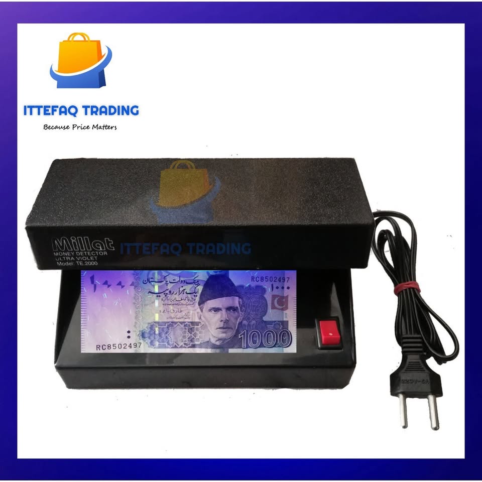 Black UV money detector with a Pakistani currency note on a white background, featuring Raza Gadgets logo.