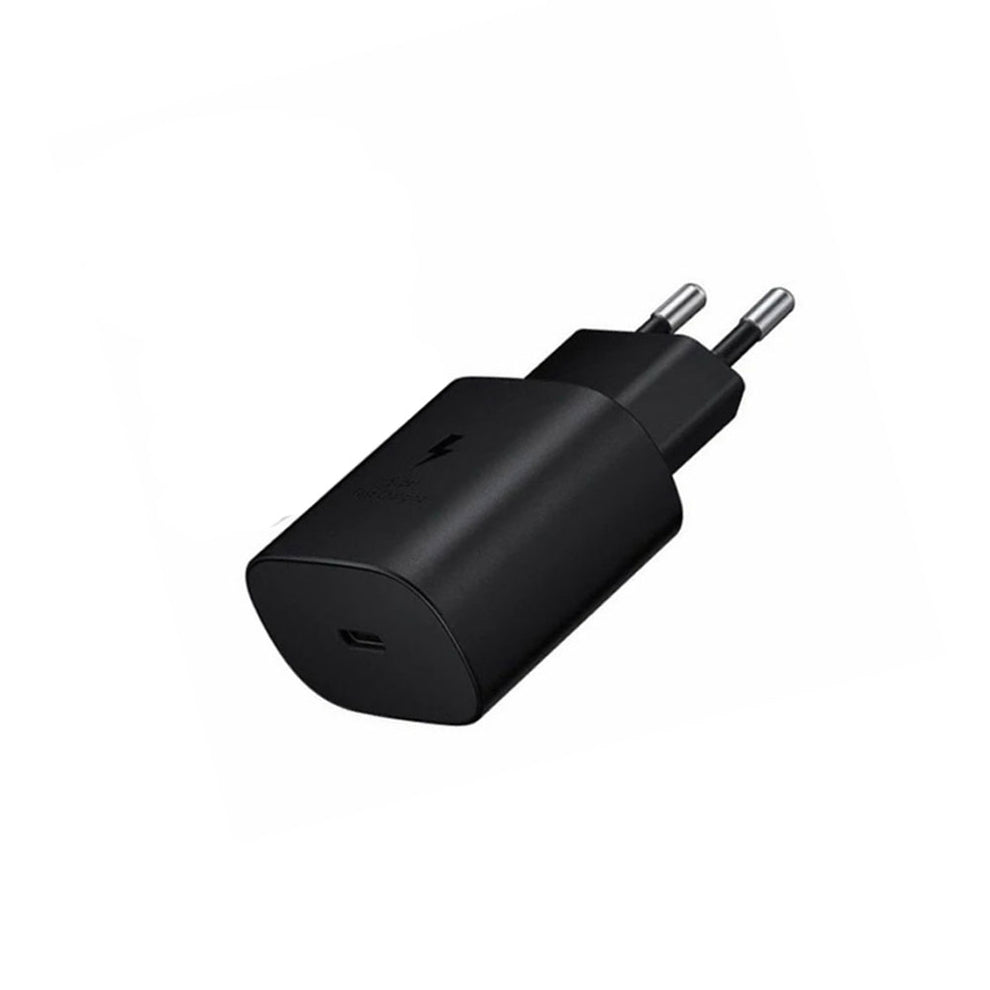 Black power adapter on a white background