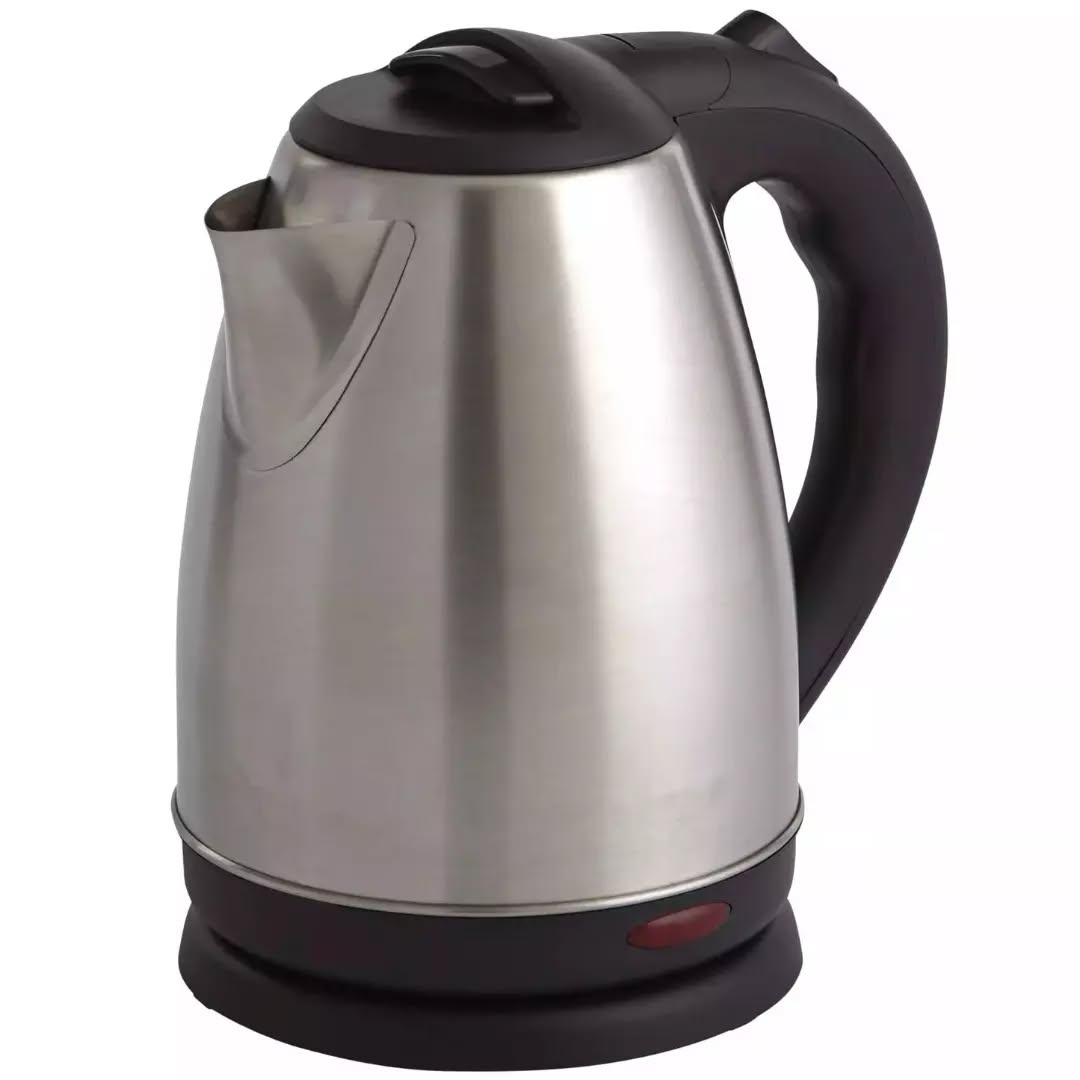 Stainless steel electric kettle with black handle and base on a white background