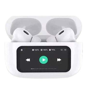 Wireless earbuds in a charging case with a display screen on a white background