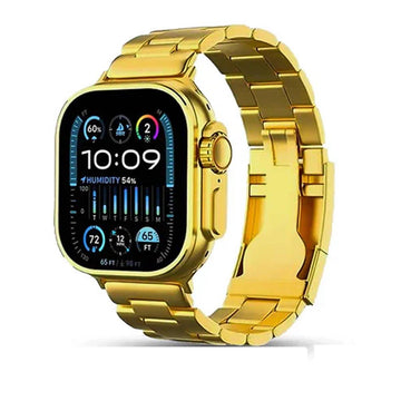 Gold smartwatch with a metal band on a white background