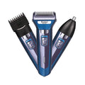 Set of Kemei grooming tools including a hair clipper, shaver, and nose hair trimmer on a white background.