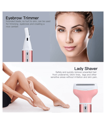 Advertisement for eyebrow trimmer and lady shaver with product images and text.