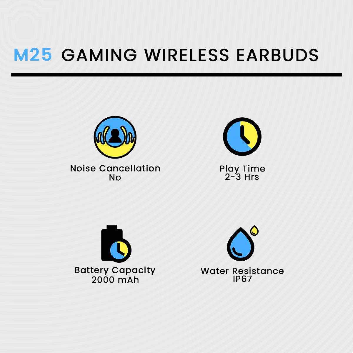 M25 Gaming Wireless Earbuds feature chart on a light gray background