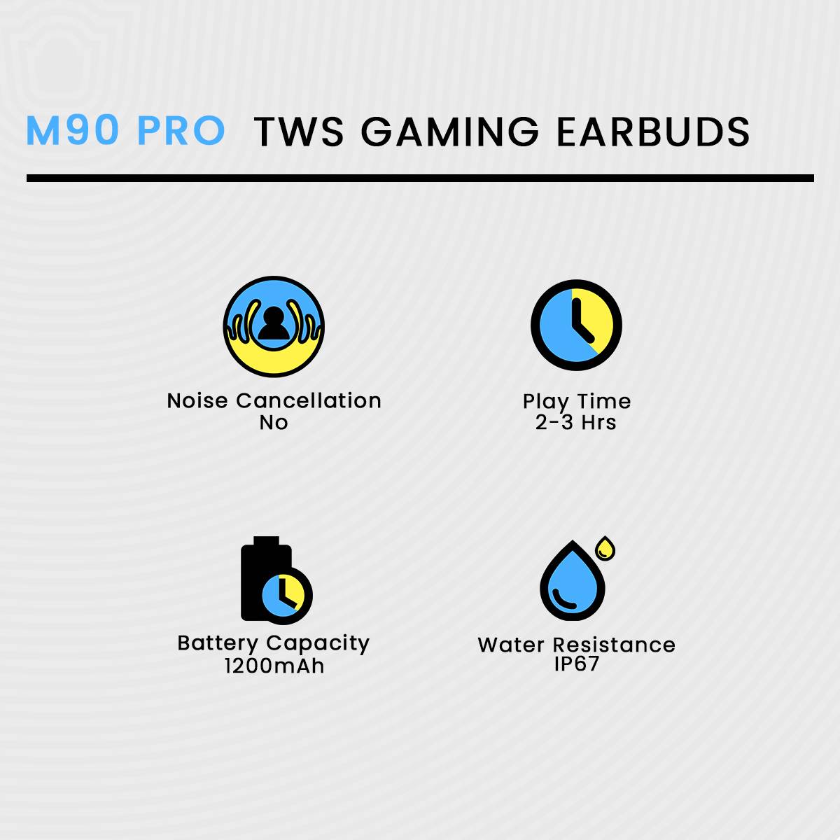 M90 Pro TWS Gaming Earbuds feature chart on a white background