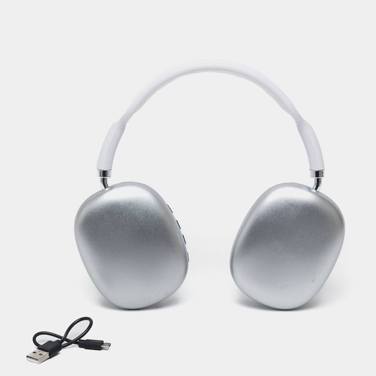 Silver headphones with a USB cable on a white background