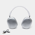 Silver headphones with a USB cable on a white background