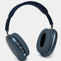 Blue over-ear headphones on a light gray background