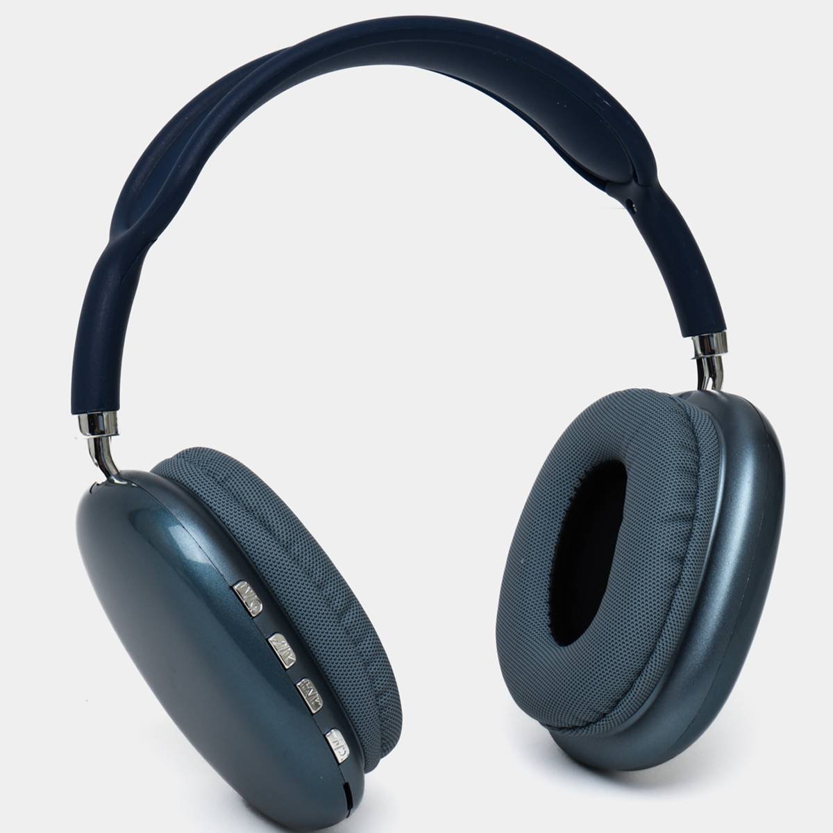 Blue over-ear headphones on a light gray background