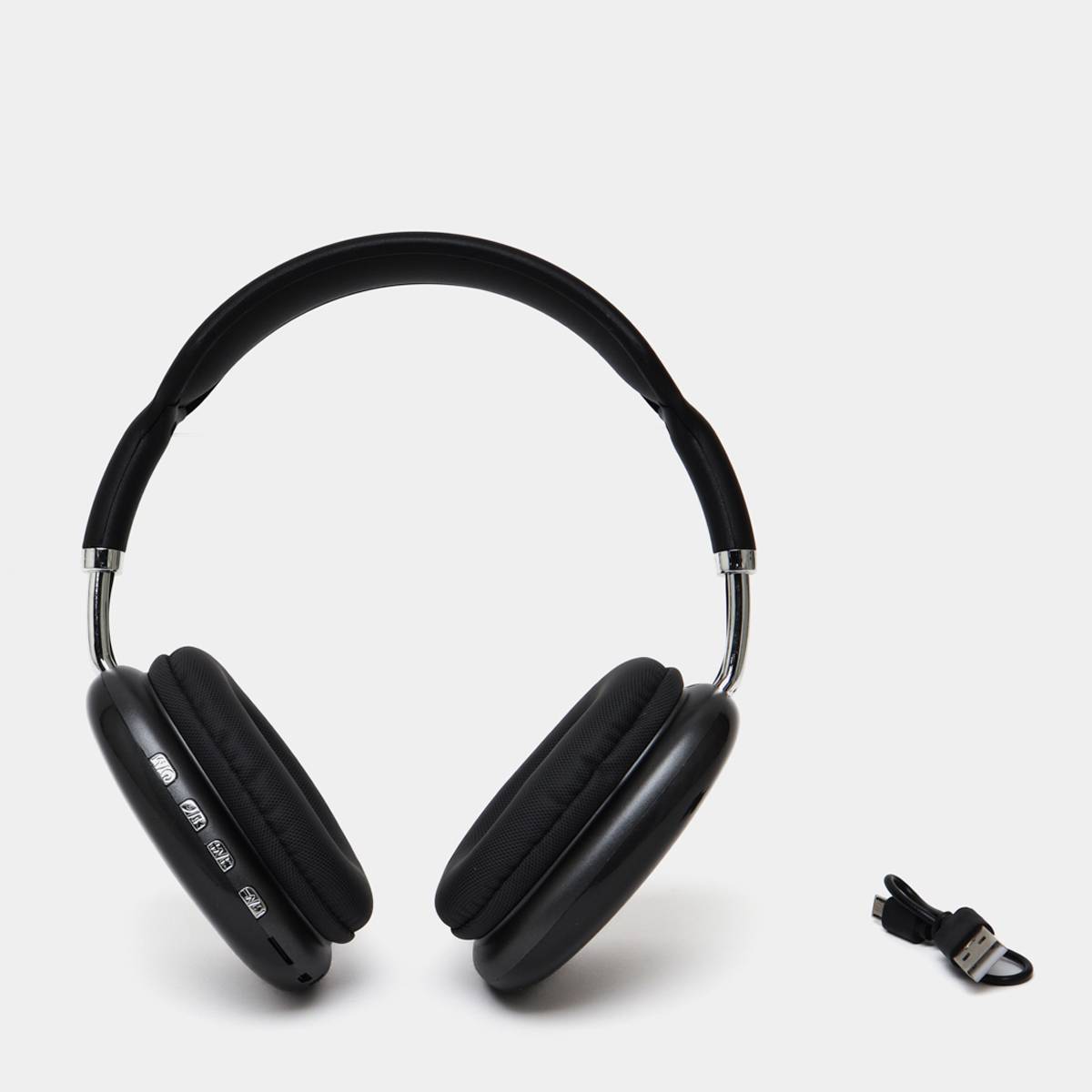 Black over-ear headphones with a detached cable on a white background