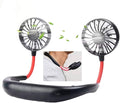 Portable neck fan with red and black straps on a white background
