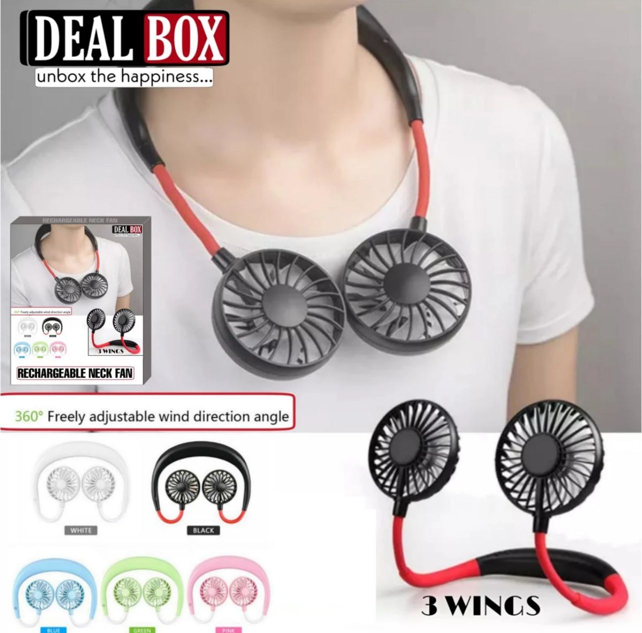 Rechargeable neck fan with adjustable wind direction angle, shown on a person wearing a white shirt.