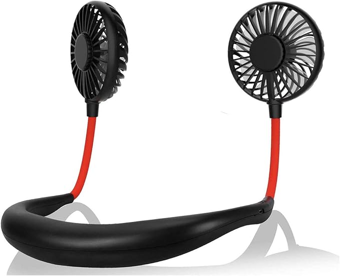 Black neck fan with red cables on a white background