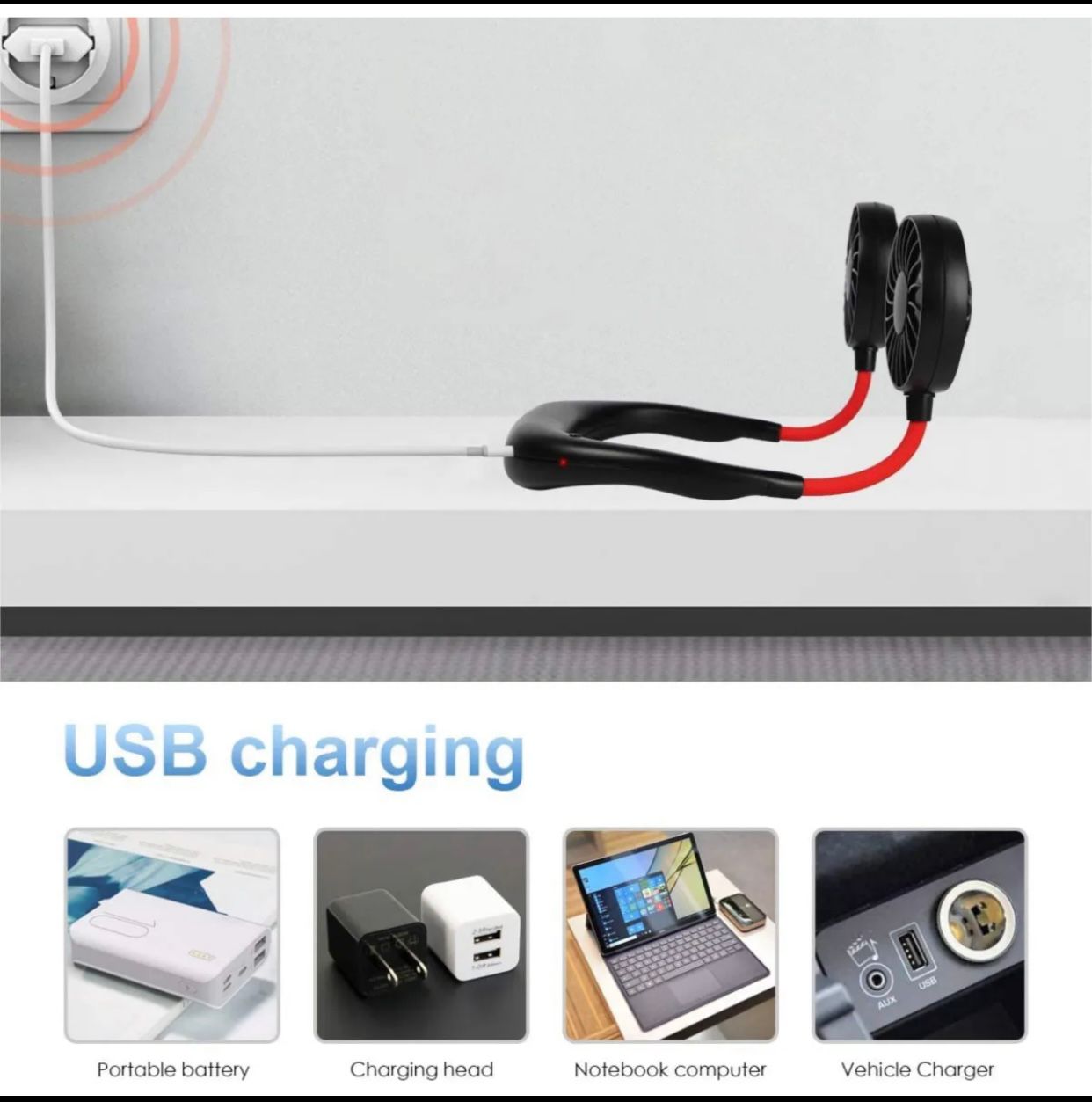 Black and red earbuds with USB cable, labeled 'USB charging', on a light gray background.