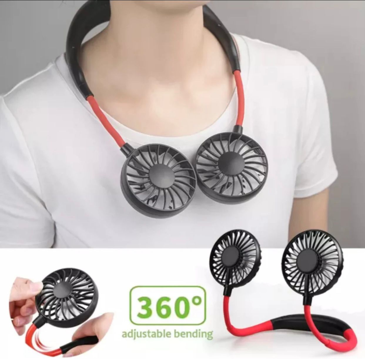 Necklace with two fans and a handheld fan on a gray background