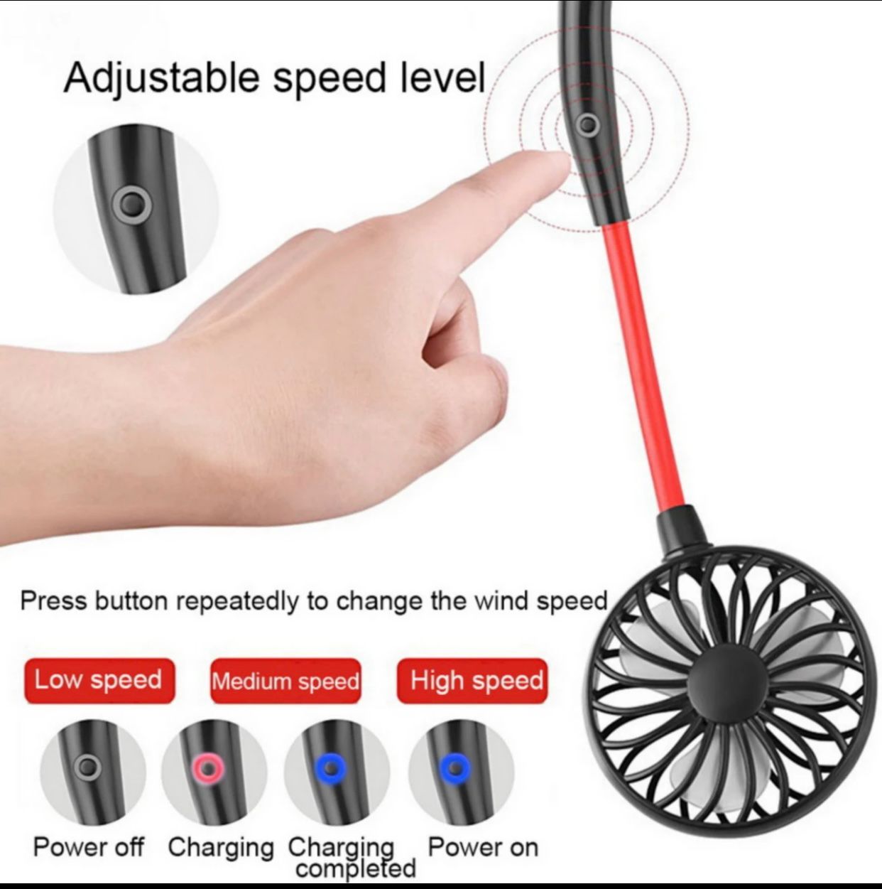 Handheld fan with adjustable speed control and power indicator on a white background
