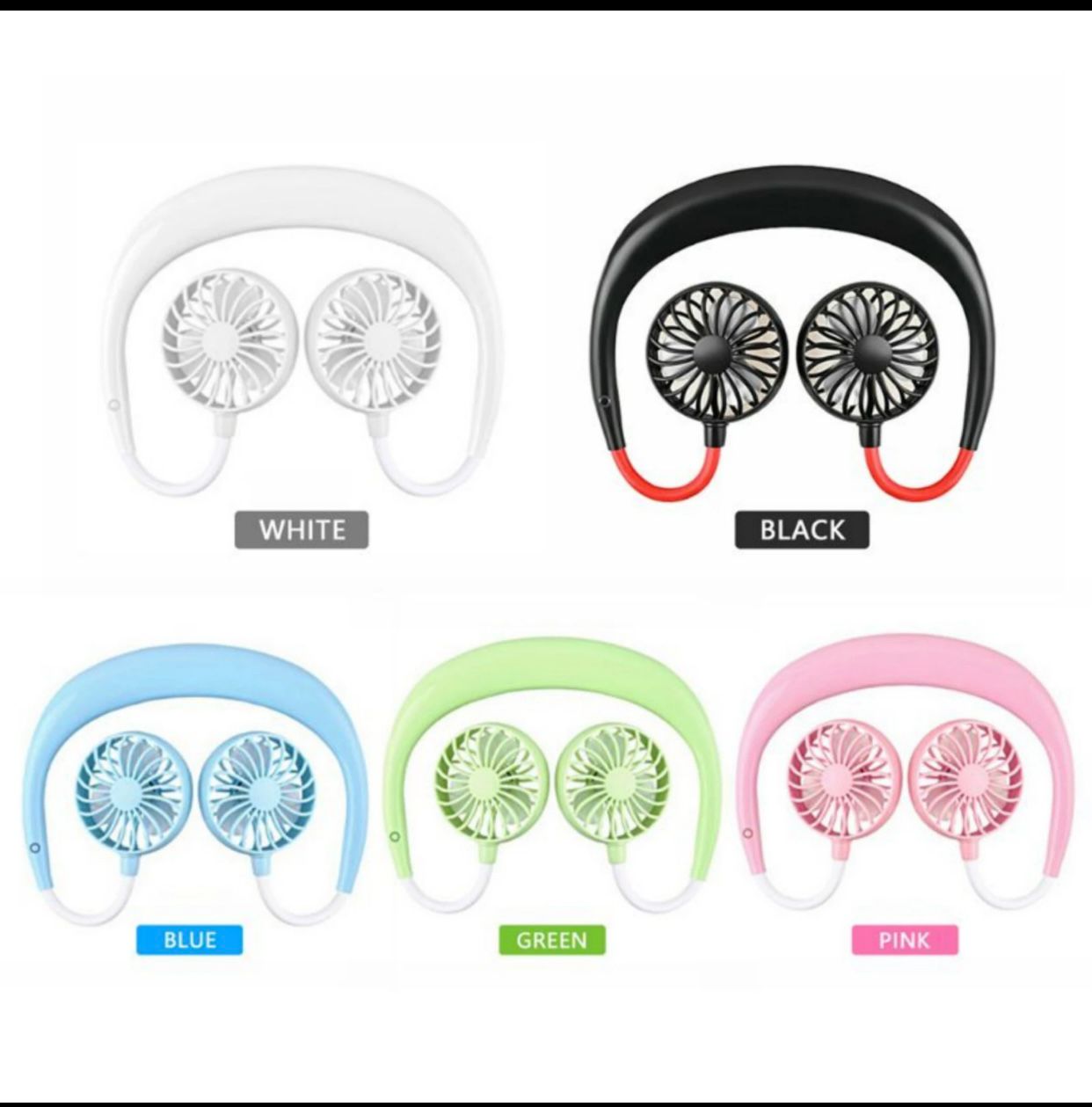 Color options of a portable fan with white, black, blue, green, and pink finishes.